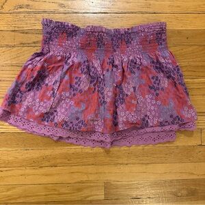 Roxy Y2K Boho Smocked Mini Skirt | Floral Eyelet Hem Festival Style | M